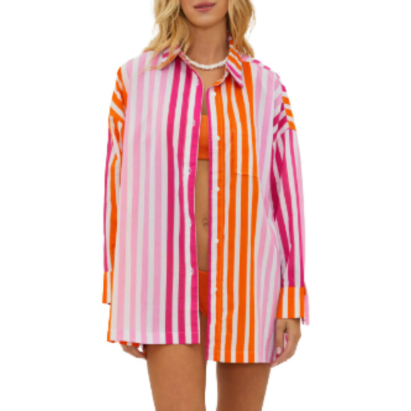 BEACH RIOT Alexa Orange Pink Stripe Long Sleeve Swim Cover Up Women's Large / XL - Picture 1 of 5